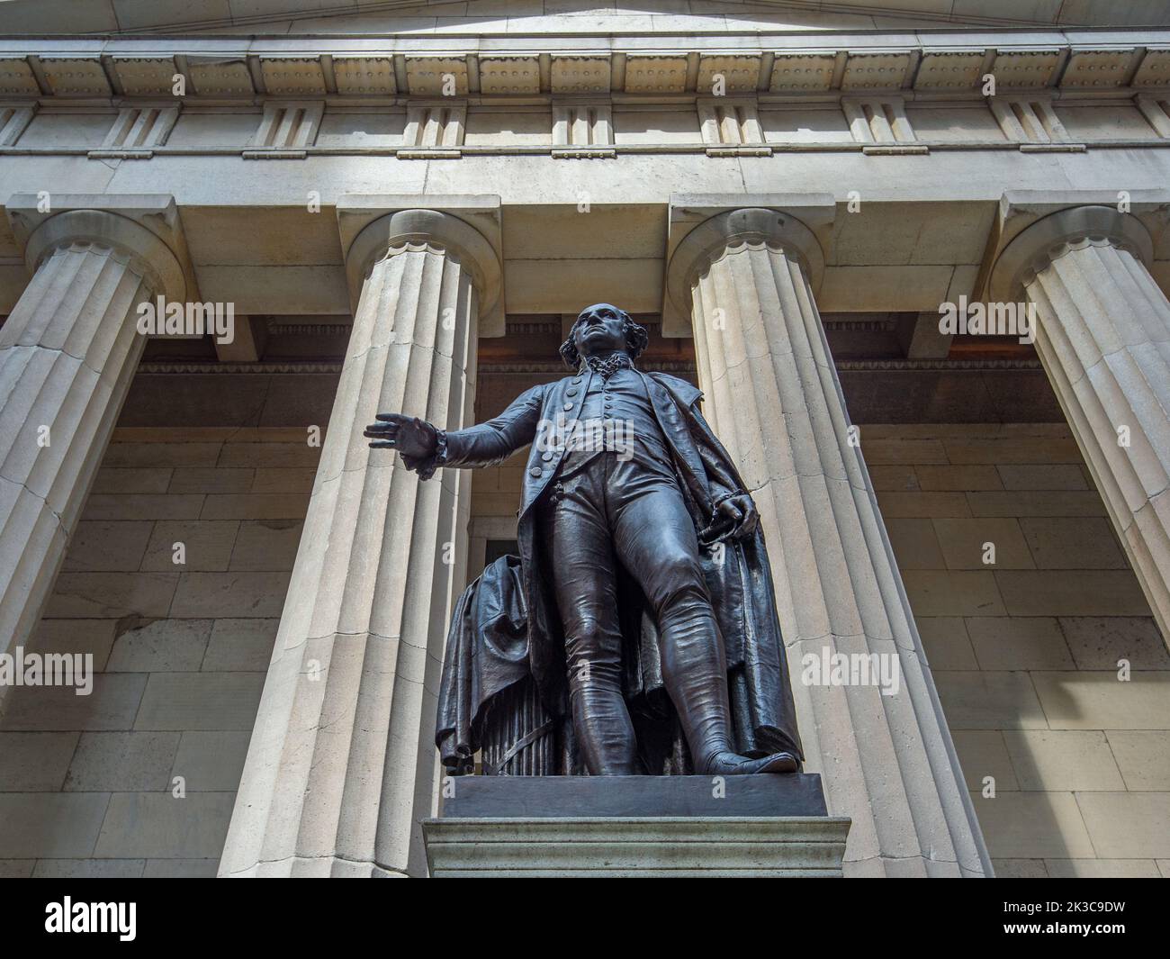 Statue of George Washington by John Quincy Adams Ward in front of Federal Hall National memorial at Wall Street in New York City, USA Stock Photo