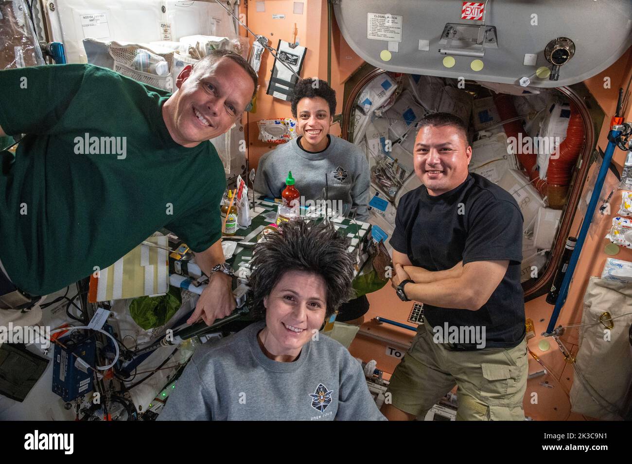 ISS - 11 July 2022 - Expedition 67 Flight Engineers (Clockwise from left) Bob Hines, Jessica Watkins, and Kjell Lindgren, all from NASA, and Samantha Stock Photo