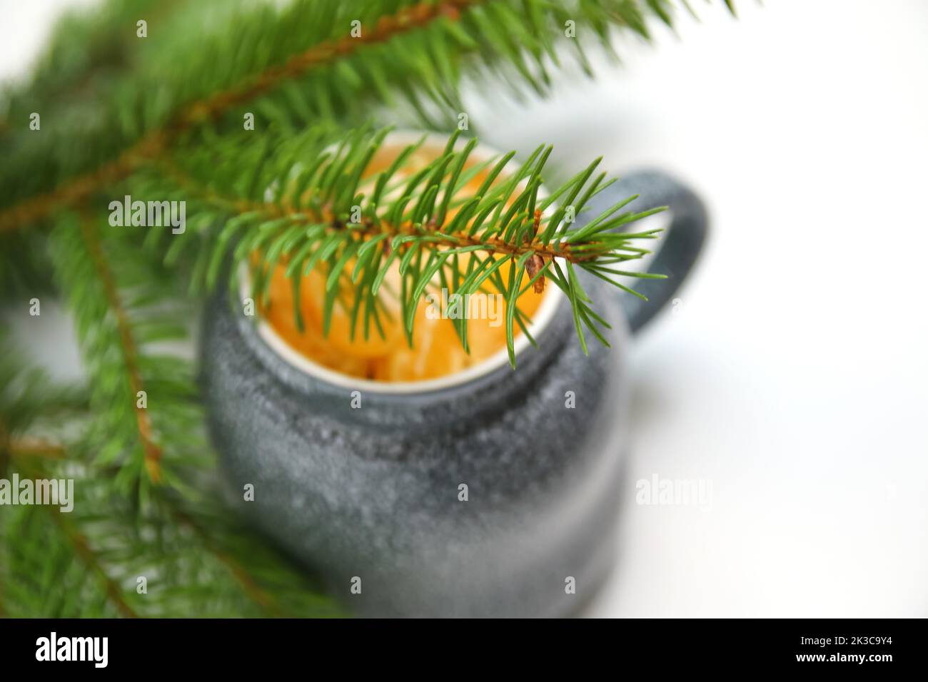 Defocus close-up mug of lobule orange mandarin or tangerine on green natural fir tree branches background. Creative Christmas hot drink. Holiday mood. Stock Photo