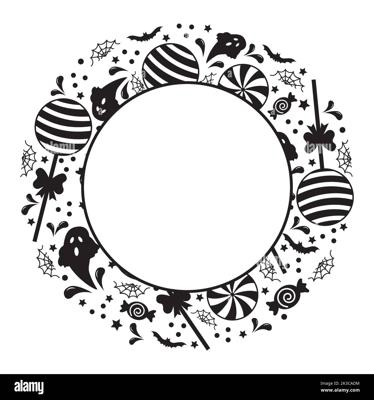 Round Halloween frame with ghosts, cobwebs and sweets, vector illustration. Stock Vector