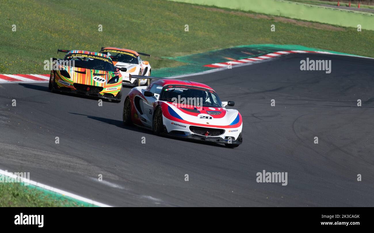 Lotus Exige race cars challenge overtaking on racetrack. Vallelunga 10-11 september 2022, Racing weekend Stock Photo