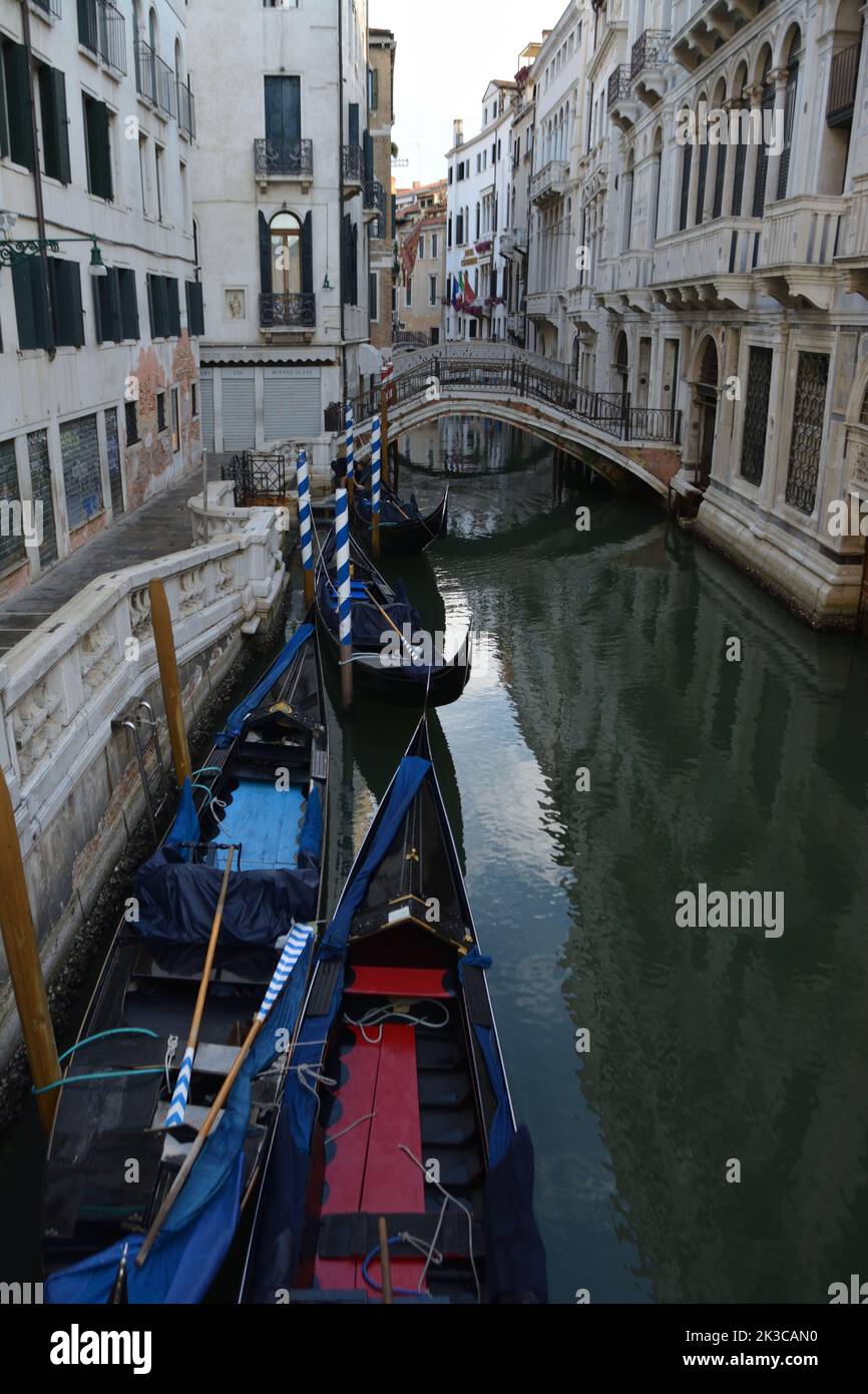 Scenic canal with gondola, Venice, Italy, in summer Stock Photo