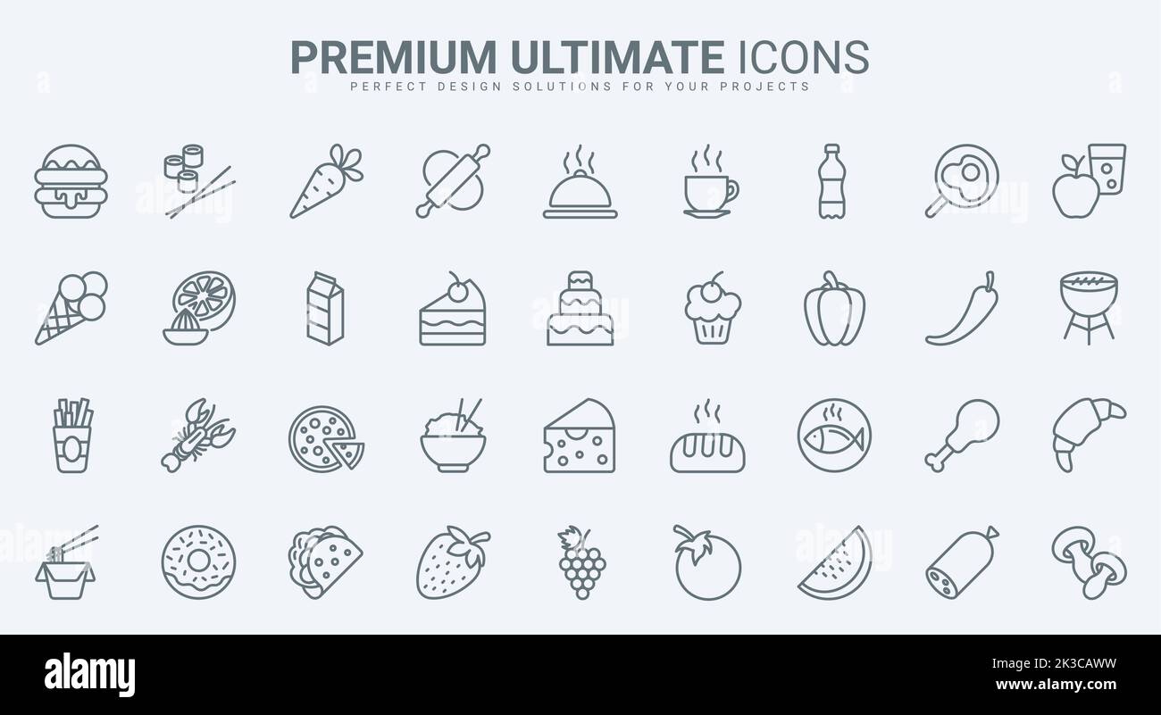 Food and drink thin line icons set vector illustration. Outline meal collection for restaurant and cafe menu, coffee with cake or donut, sushi and noodles, healthy vegetable or pizza and chicken Stock Vector