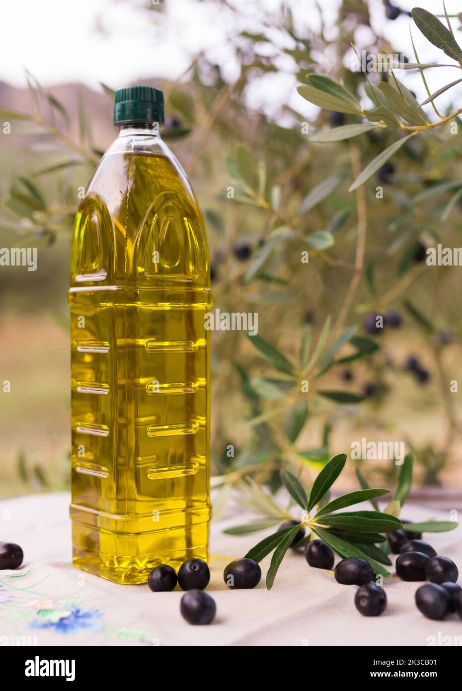olive oil in plastic bottle and black olives on background of olive