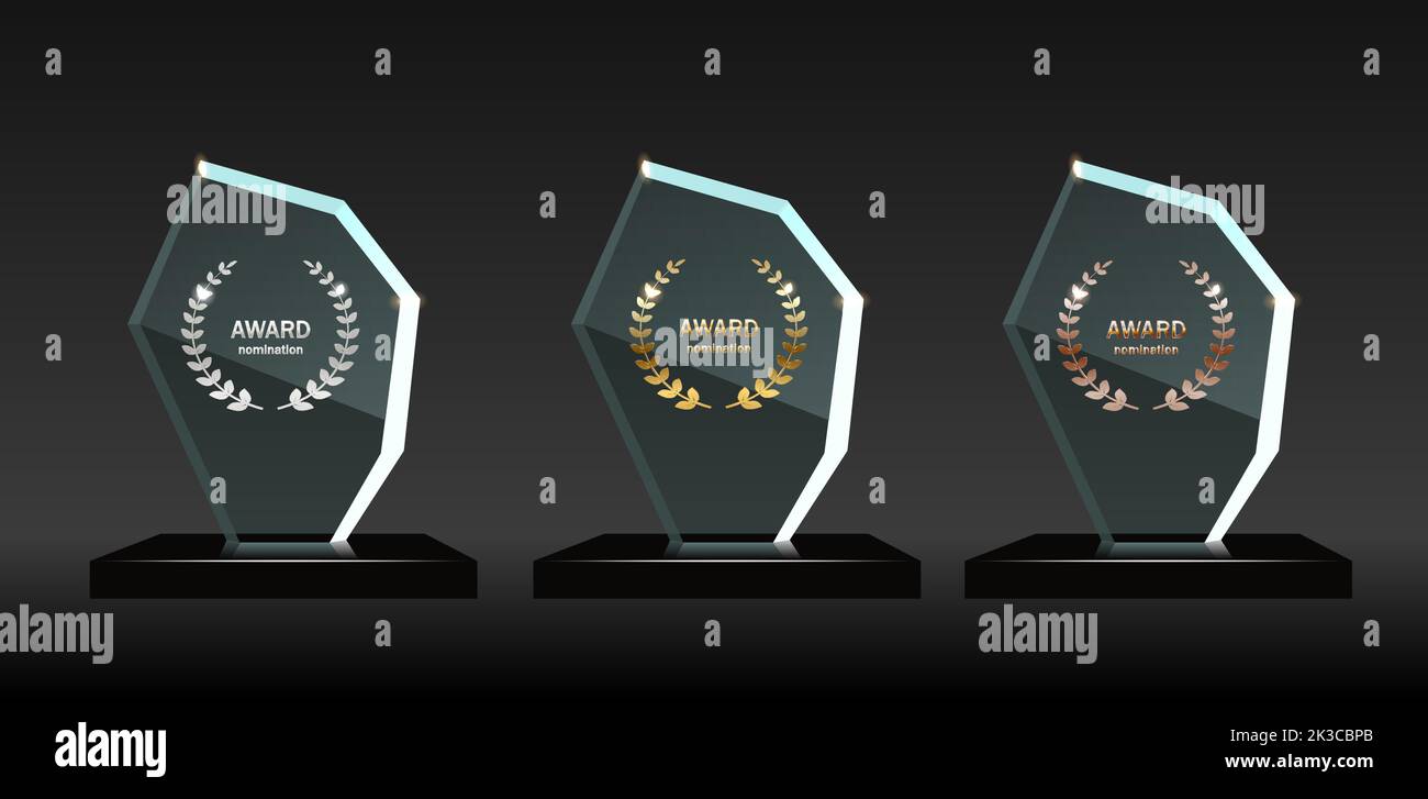 Award glass trophy vector illustration. Realistic crystal acrylic
