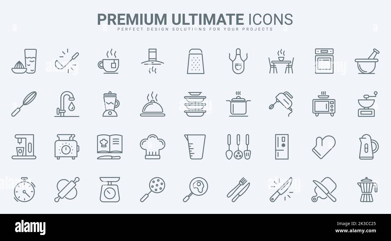 Kitchen equipment and furniture thin line icons set vector illustration. Outline restaurant or home tools and household electric machines symbols, chefs recipe book, utensils for cooking food Stock Vector