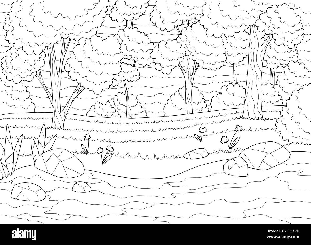 Forest river coloring graphic black white landscape sketch illustration vector Stock Vector