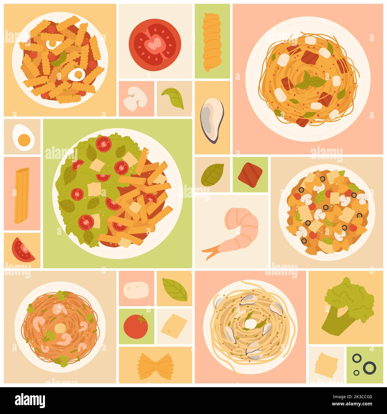 Pasta salads set vector illustration. Cartoon healthy portions of different food, pasta meals with sauces on plates for dinner and lunch, vegetable and seafood ingredients in square collage background Stock Vector