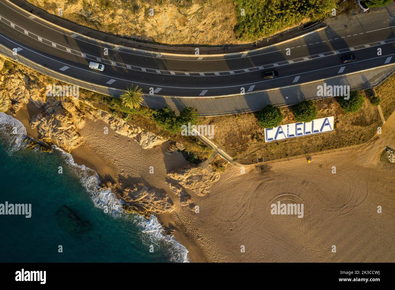 Aerial view of the Calella city beach (Maresme, Barcelona, Catalonia, Spain)  ESP: Vista aérea de la playa de Calella (Maresme, Cataluña, España) Stock Photo