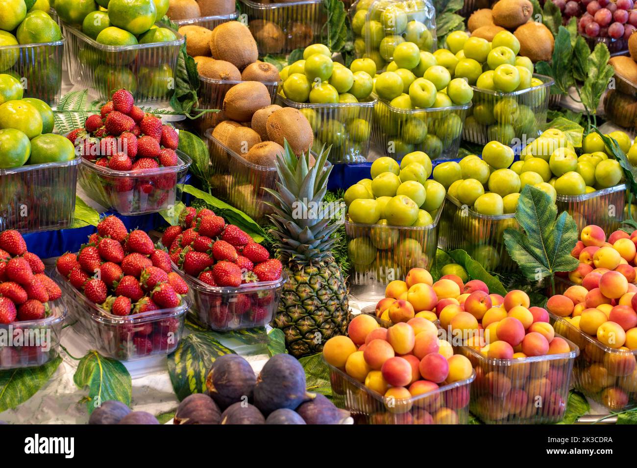 Fruit and vegetable market counter. Fresh a variety of fruits lie on