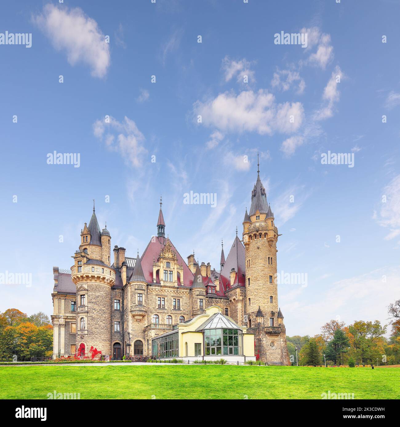 Astonishing autumn landscape with Moszna Castle. Popular tourist destination. Location: Moszna, Opolskie Voivodeship, Poland, Europe Stock Photo