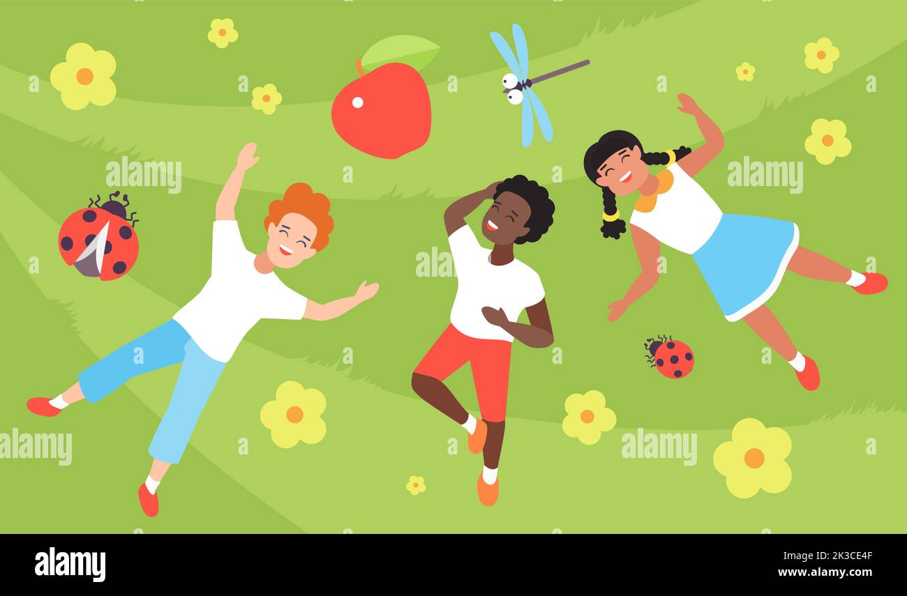 Happy kids lying on summer meadow grass with flowers and bugs, top view vector illustration. Cartoon diverse group of boys and girl playing together in nature. International Childrens Day concept Stock Vector