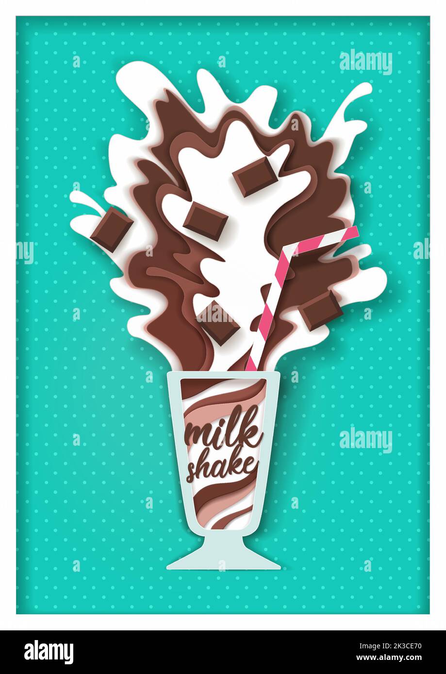 Chocolate flavored milkshake. Vector paper cut glass of whipped iced dairy drink with chocolate, milk splashes design template for recipe, menu, banne Stock Vector