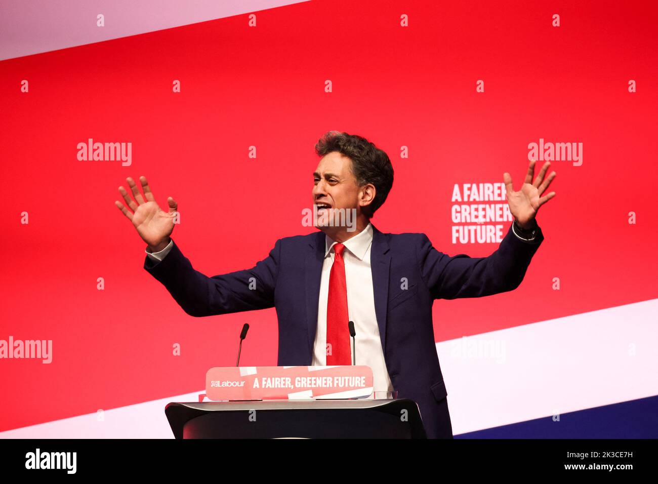 Britain's Shadow Secretary of State for Climate Change and Net Zero Ed Miliband gestures as he speaks at Britain's Labour Party's annual conference in Liverpool, Britain, September 26, 2022. REUTERS/Phil Noble Stock Photo