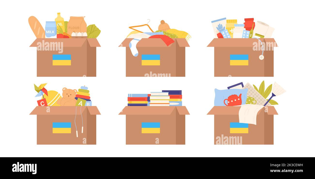 Cardboard boxes set with humanitarian aid for Ukrainian people vector illustration. Cartoon isolated charity boxes with Ukrainian flag full of food and medicines, books and toys for kids, clothes Stock Vector