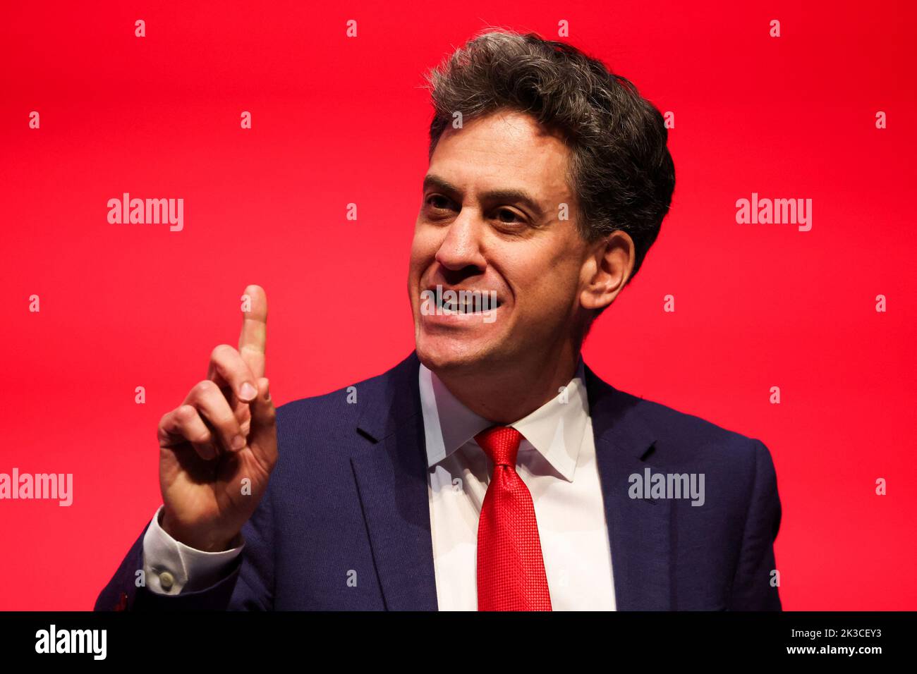 Britain's Shadow Secretary of State for Climate Change and Net Zero Ed Miliband gestures as he speaks at Britain's Labour Party's annual conference in Liverpool, Britain, September 26, 2022. REUTERS/Phil Noble Stock Photo