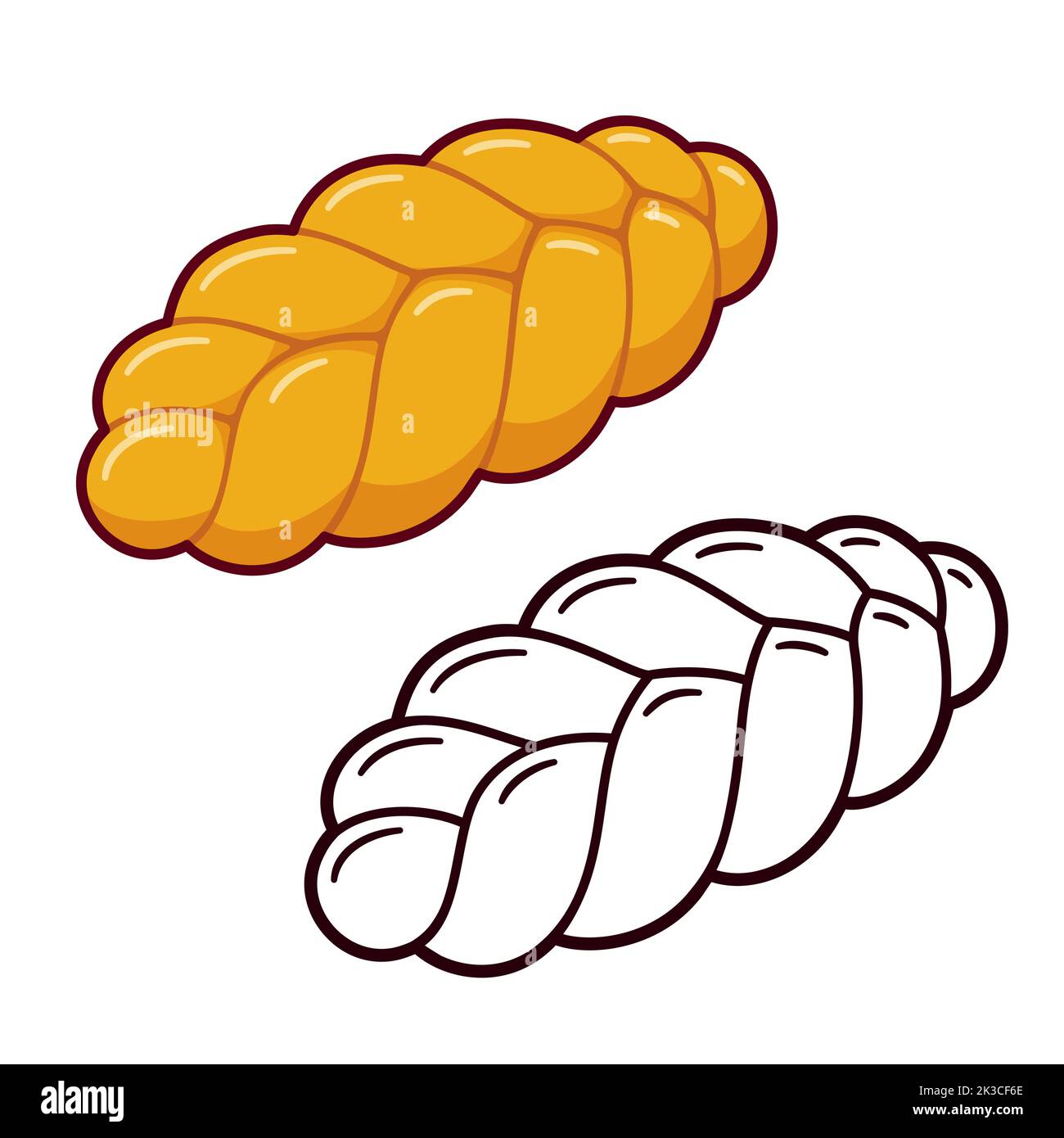 Challah, traditional braided bread loaf. Black and while line icon and color drawing. Cartoon vector clip art illustration. Stock Vector