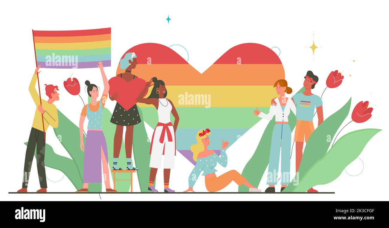 Community of people with LGBT pride heart symbol vector illustration. Cartoon man and woman hold rainbow flag, diversity of characters meeting in support of homosexual love, peace and LGBTQ lifestyle Stock Vector