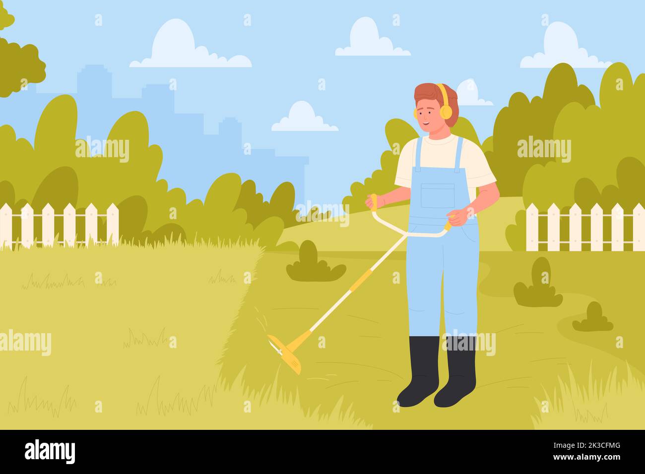 Grass mowing professional service vector illustration. Cartoon worker holding blade lawn trimmer in hands, man with motor power machine gardening and trimming yard or garden landscape background Stock Vector