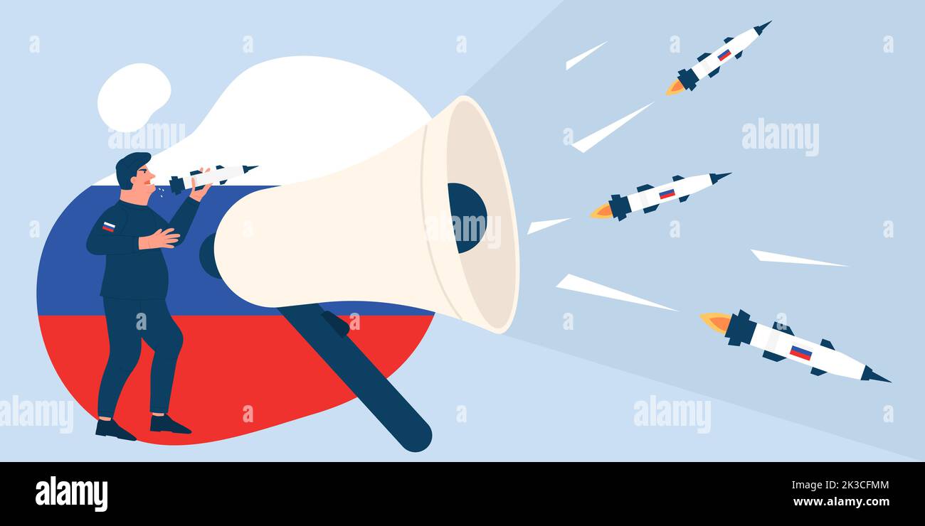 Propaganda and hate, disinformation about conflict between Ukraine and Russia vector illustration. Cartoon tiny angry man in military uniform holding rocket in hand, missiles flying out of megaphone Stock Vector