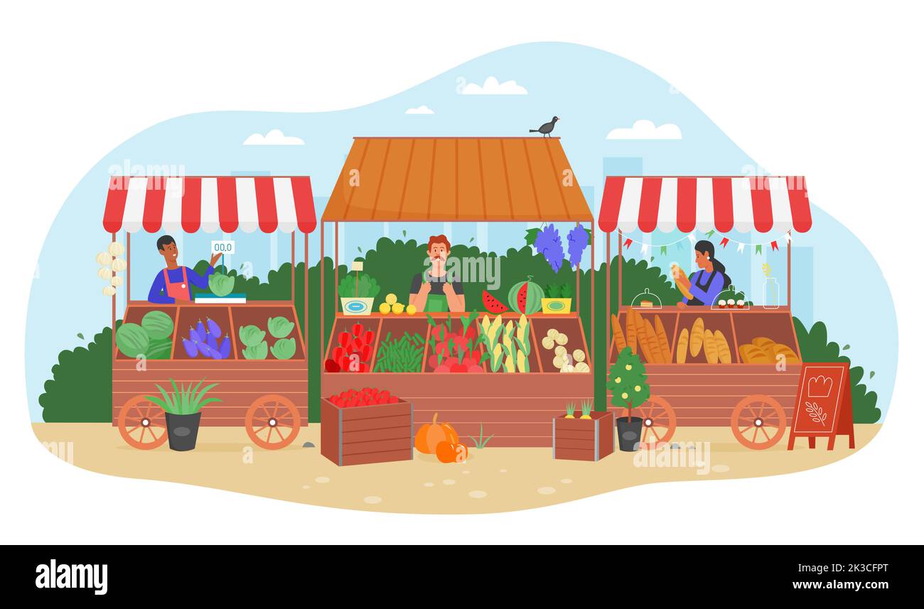 Local farm market, village fair to buy and sell fresh organic products vector illustration. Cartoon sellers selling to consumers seasonal fruit and vegetables, in grocery stands and shop kiosk Stock Vector