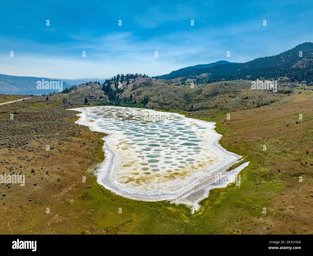 Aerial view of Spotted Lake, saline, alkaline lake located in Osoyoos