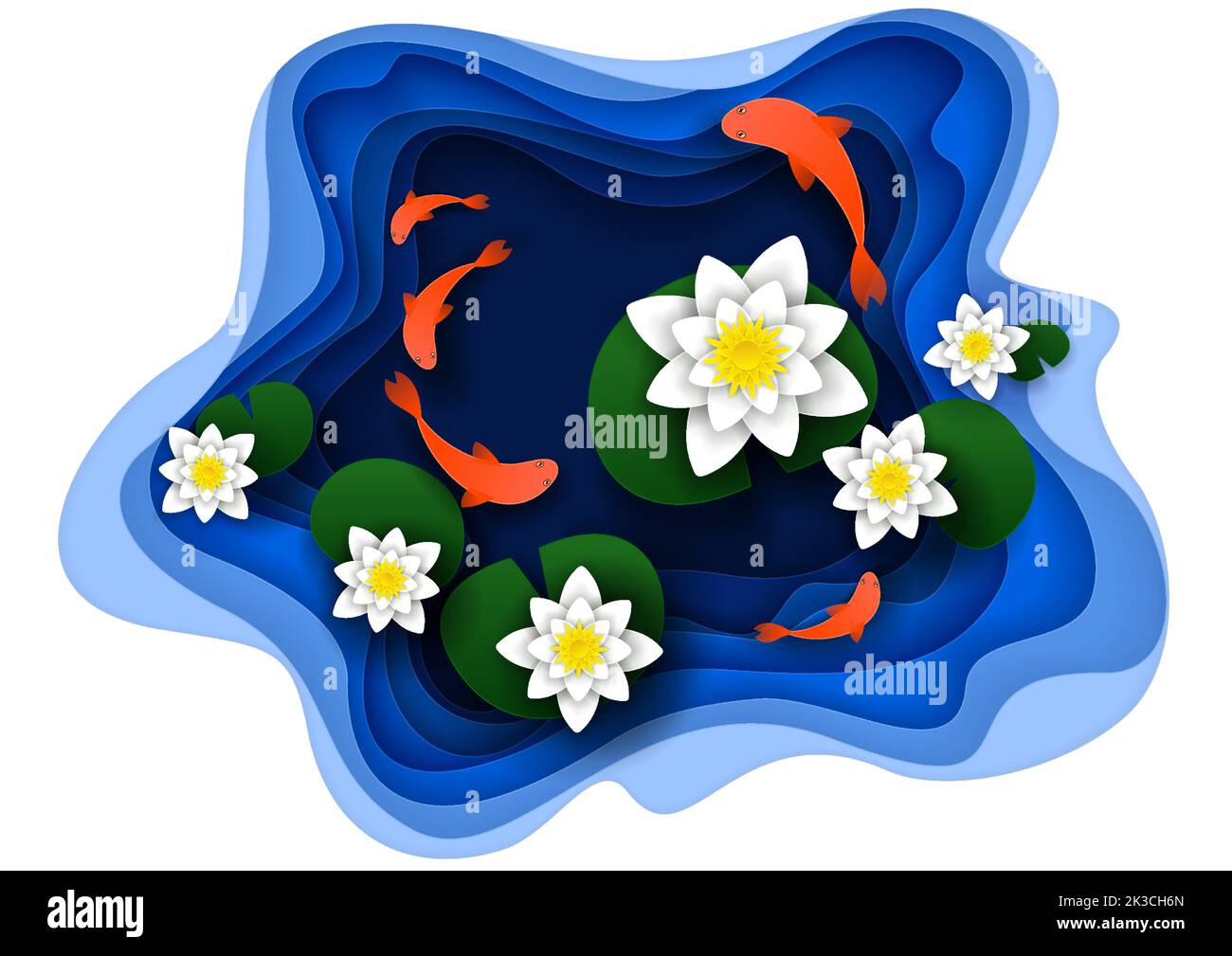 Water lily on lake with koi fish. Vector illustration in paper cut style. Stock Vector