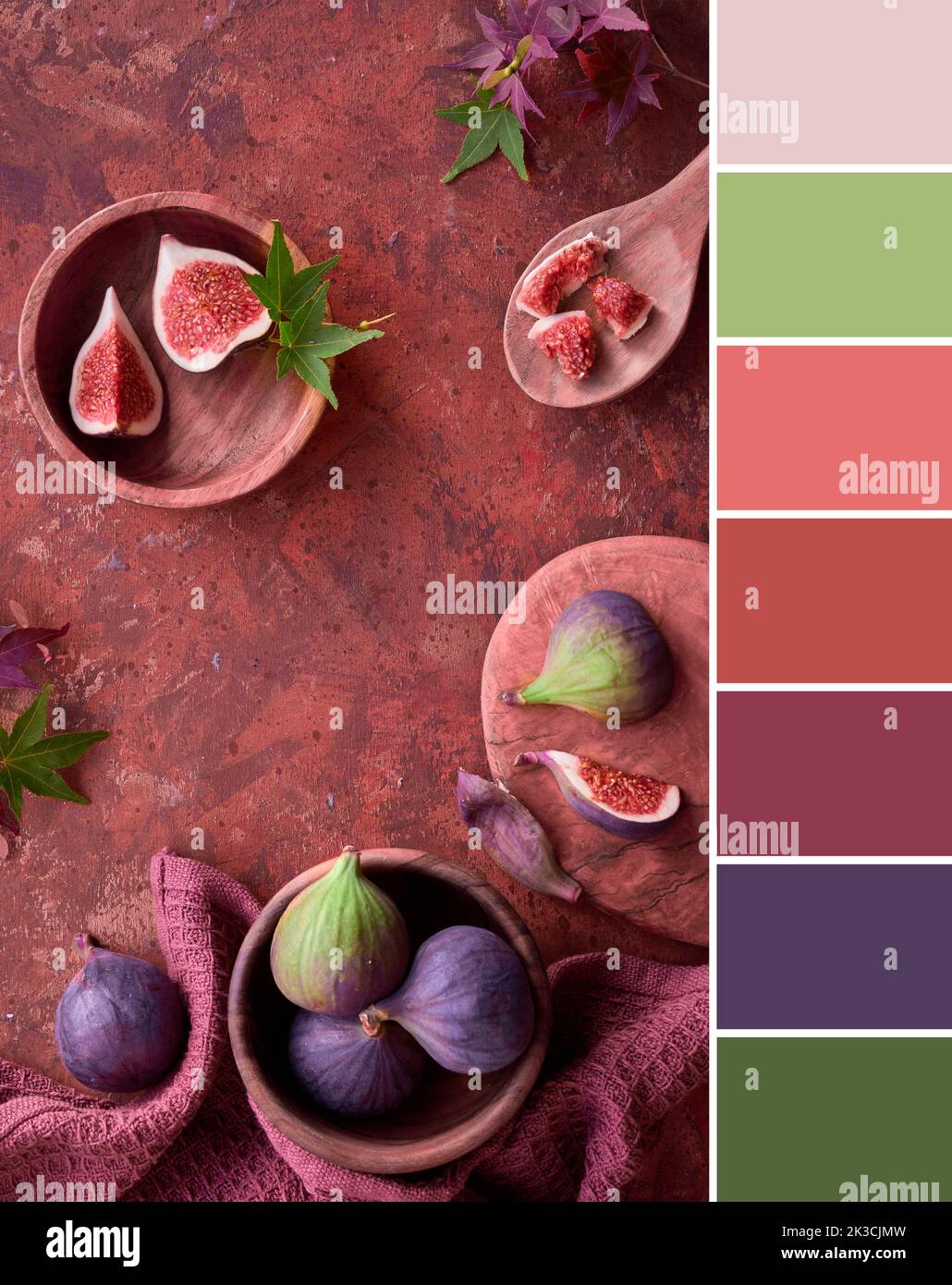 Color matching palette from image of autumntime background with fresh halved fig fruits. Stock Photo