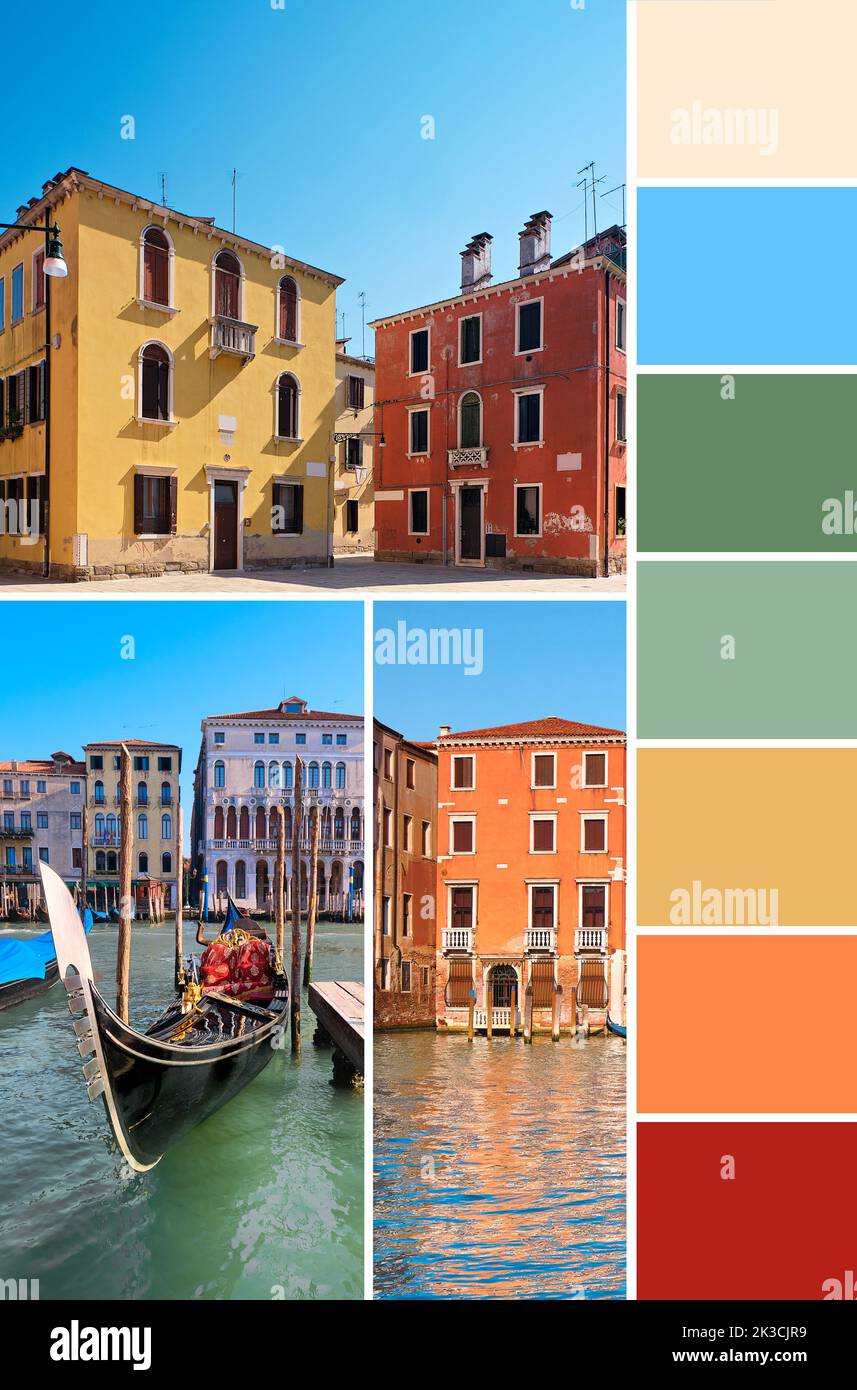 Color matching palette from image of traditional architecture of Venice, Italy. Historic houses in the water of Grand Canal. Stock Photo