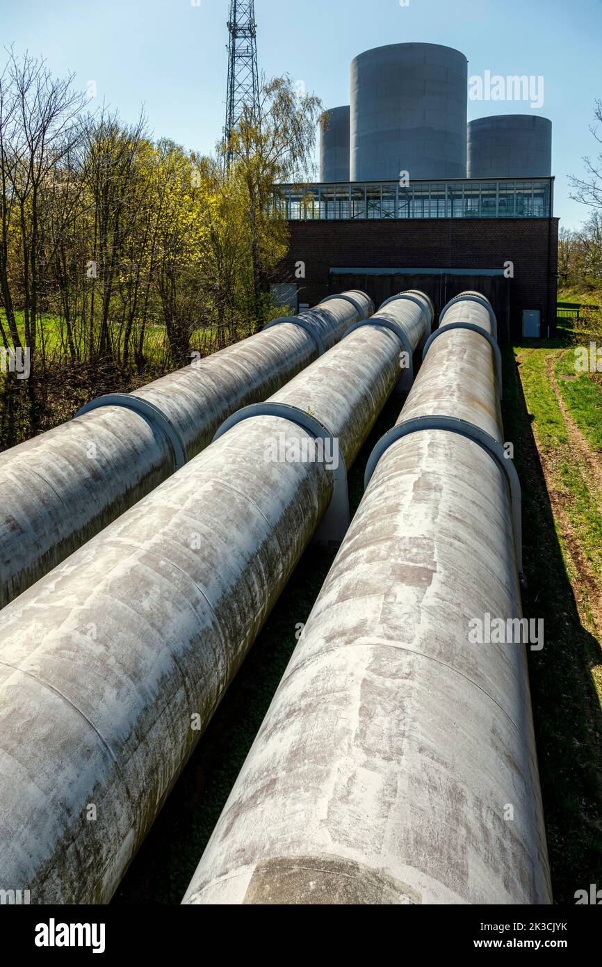 Niederwartha pumped storage plant, the downpipes on the surge tanks on the upper reservoir Stock Photo
