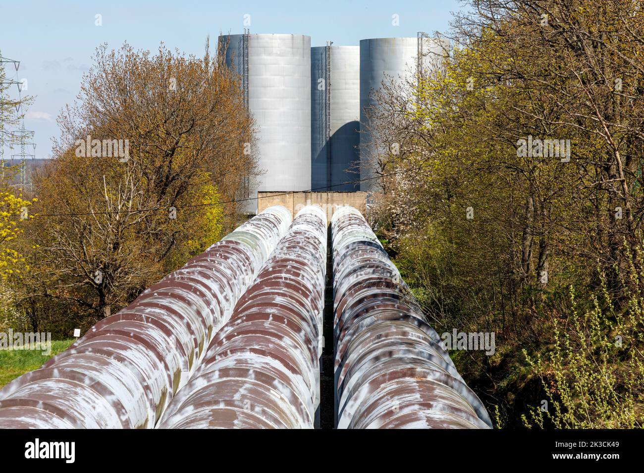 Niederwartha pumped storage plant, the downpipes on the surge tanks on the upper reservoir Stock Photo
