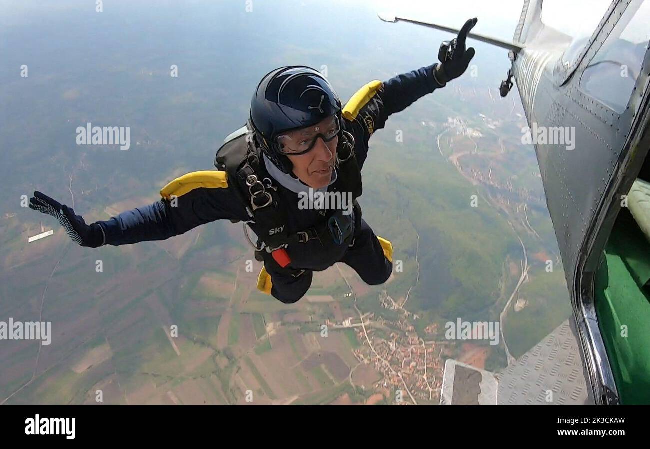 Ibrahim Kalesic, a parachuter, jumps from an airplane during a competition in Paracin, Serbia April 20, 2019. REUTERS/Ibrahim Kalesic Stock Photo