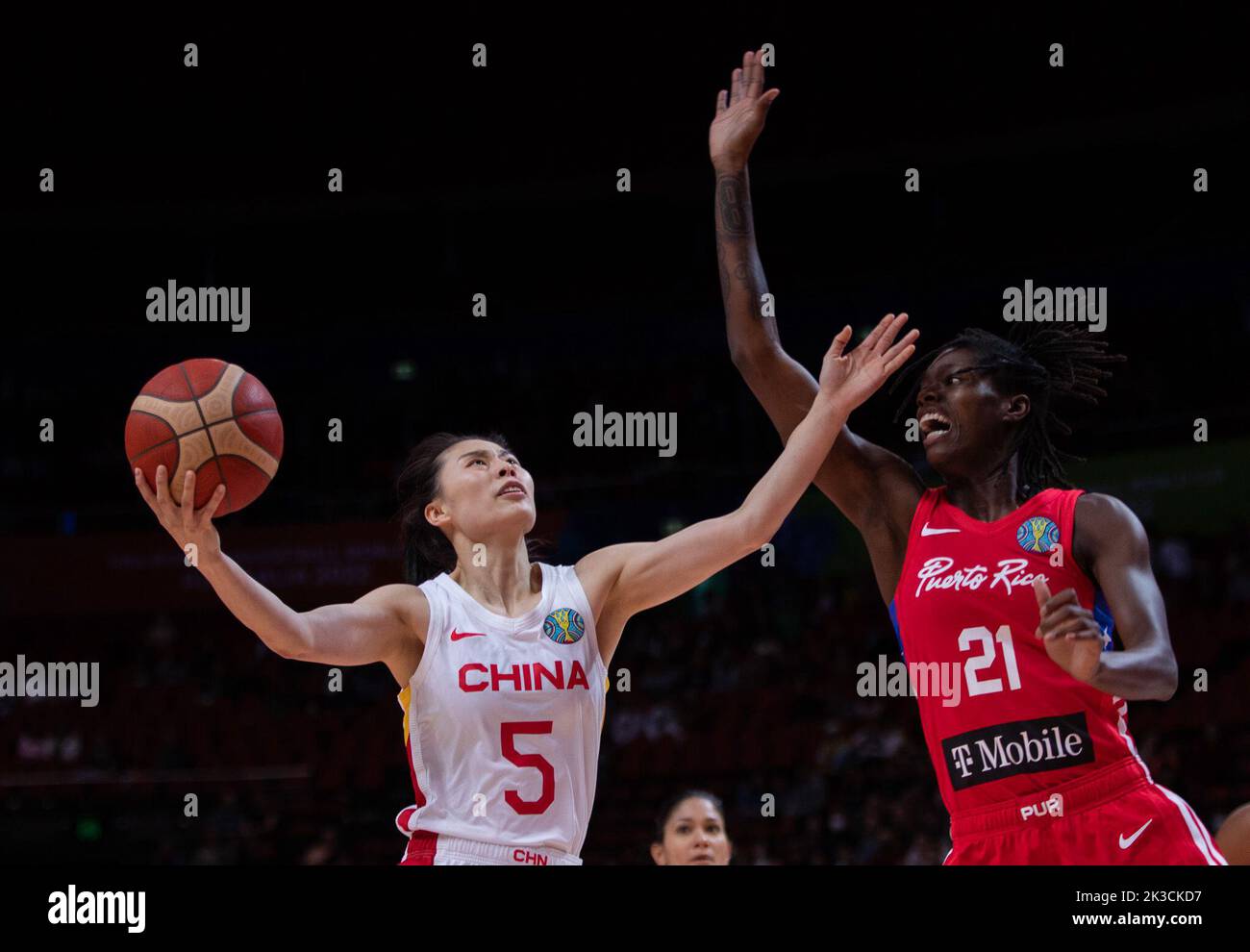 Sydney, Australia. 26th Sep, 2022. Wang Siyu (L) of China goes up for a basket during a Group A match between China and Puerto Rico at the FIBA Women's Basketball World Cup 2022 in Sydney, Australia, Sept. 26, 2022. Credit: Hu Jingchen/Xinhua/Alamy Live News Stock Photo