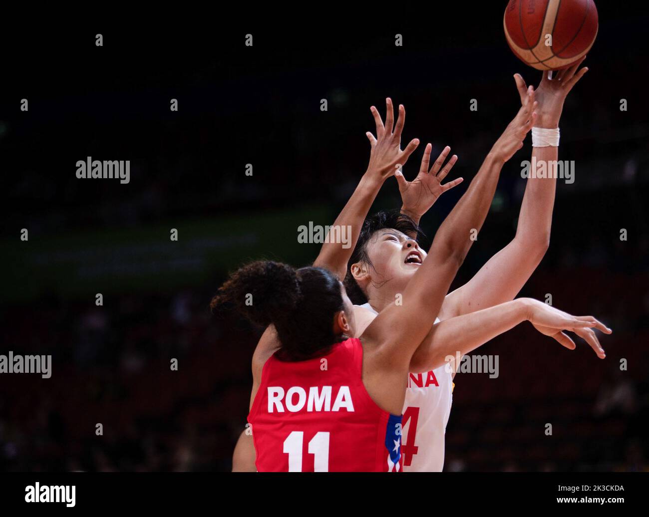 Sydney, Australia. 26th Sep, 2022. Li Yueru (R) of China goes up for a basket during a Group A match between China and Puerto Rico at the FIBA Women's Basketball World Cup 2022 in Sydney, Australia, Sept. 26, 2022. Credit: Hu Jingchen/Xinhua/Alamy Live News Stock Photo