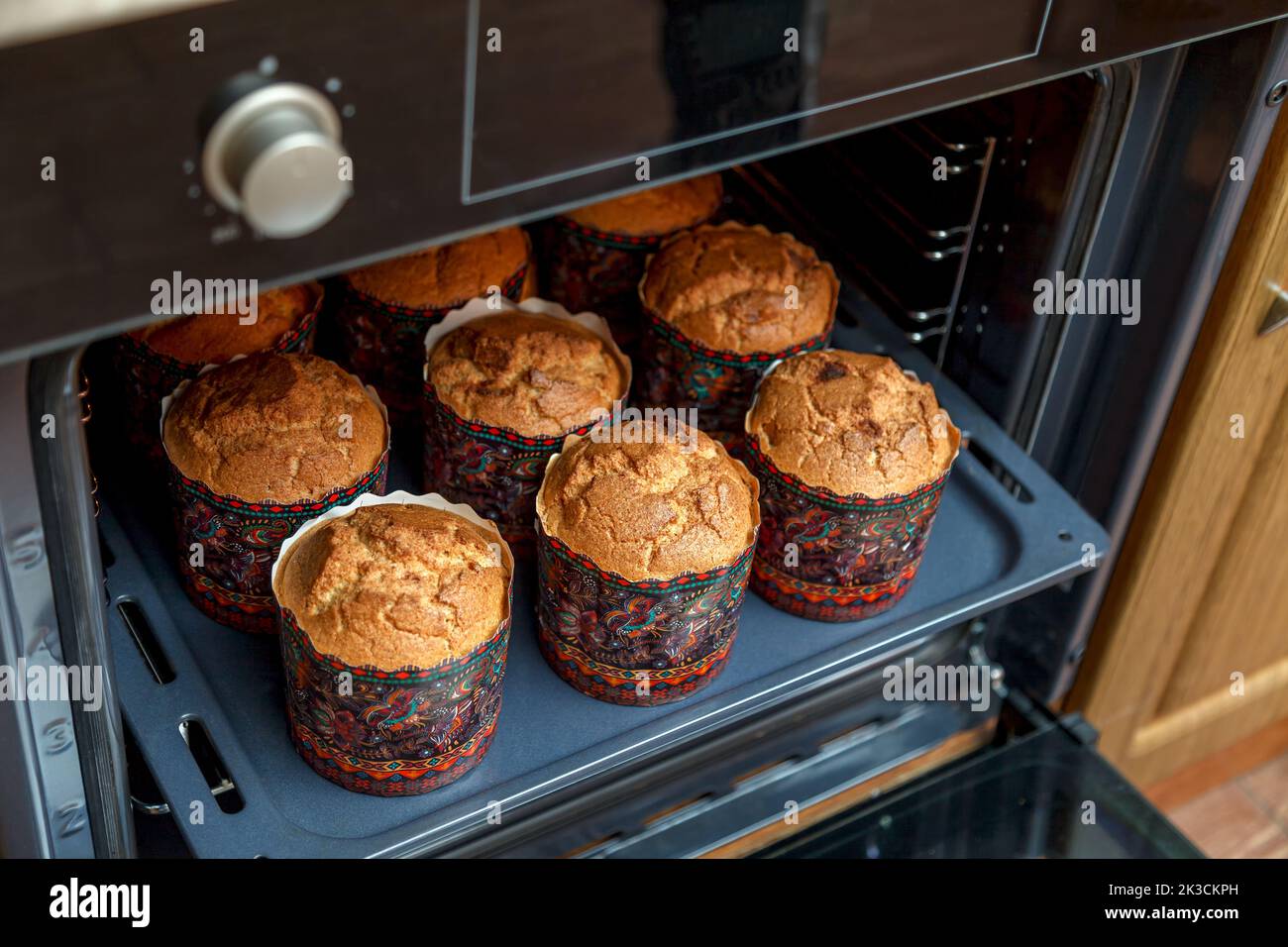 Baked Easter cakes in the oven. Spring Easter Feast Stock Photo