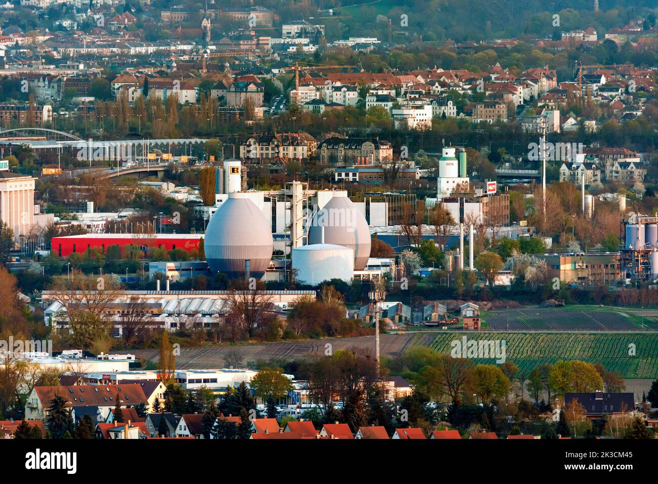 View of the Elbe valley to the state capital of Dresden and the city sewage treatment plant Stock Photo