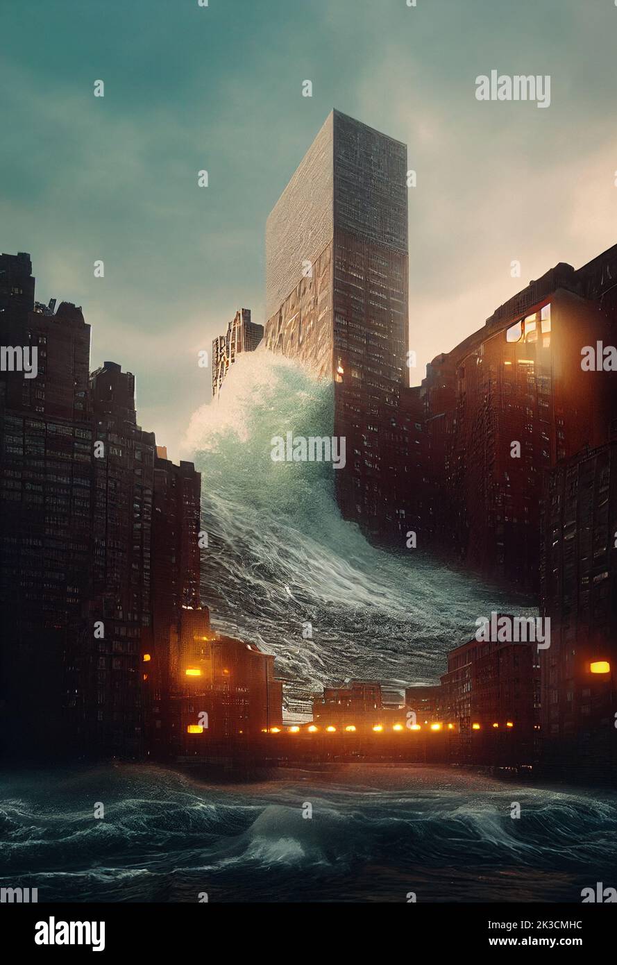 Concept art illustration of tsunami wave crushing on skyscraper in the