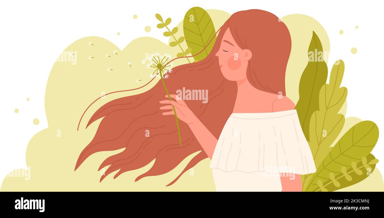 Girl blowing dandelion vector illustration. Cartoon young woman with cute face and long hair waving in wind, holding flower to blow and enjoy freedom and spring in air, fluff plant seeds flying Stock Vector