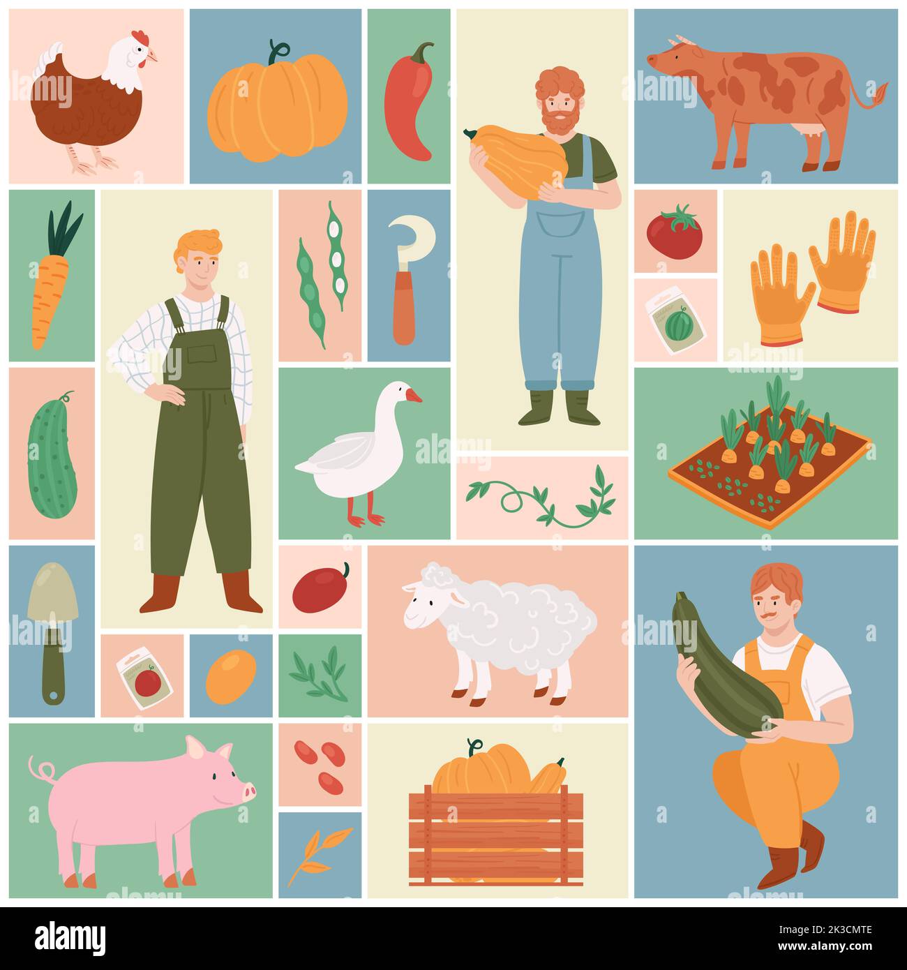Farm local production, agriculture set vector illustration. Cartoon farmer characters grow harvest, domestic animals and poultry, organic vegetables, tools and plants in square collage background Stock Vector