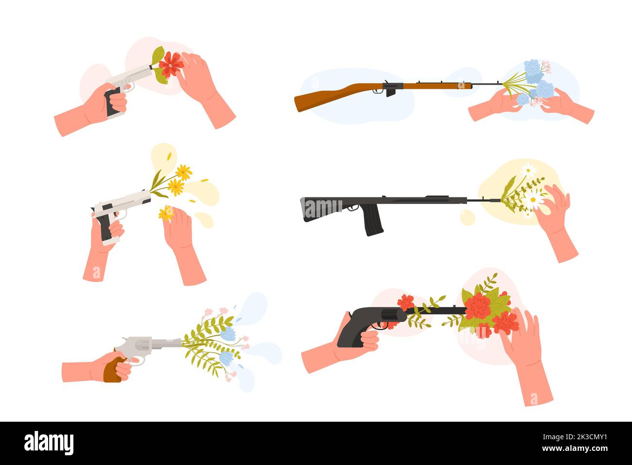 Hand inserting wild flowers into muzzle of gun set vector illustration. Cartoon isolated weapon shooting flowers instead of bullets, hippie symbol of love and peace, protest against war concept Stock Vector