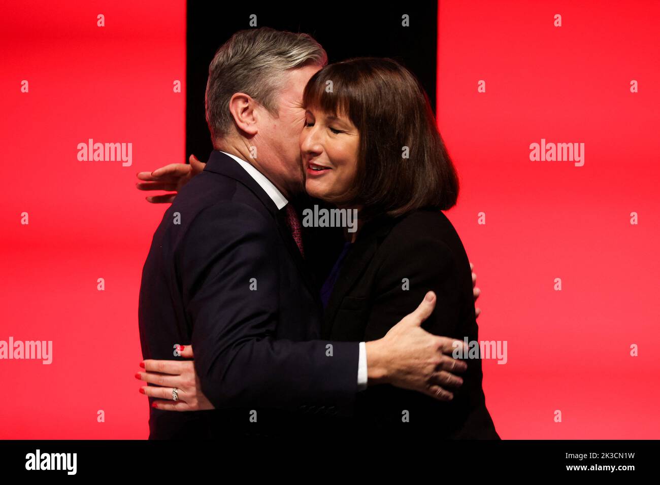 Britain's Shadow Chancellor of the Exchequer Rachel Reeves is embraced by Britain's Labour Party leader Keir Starmer, at Britain's Labour Party's annual conference in Liverpool, Britain, September 26, 2022. REUTERS/Phil Noble Stock Photo