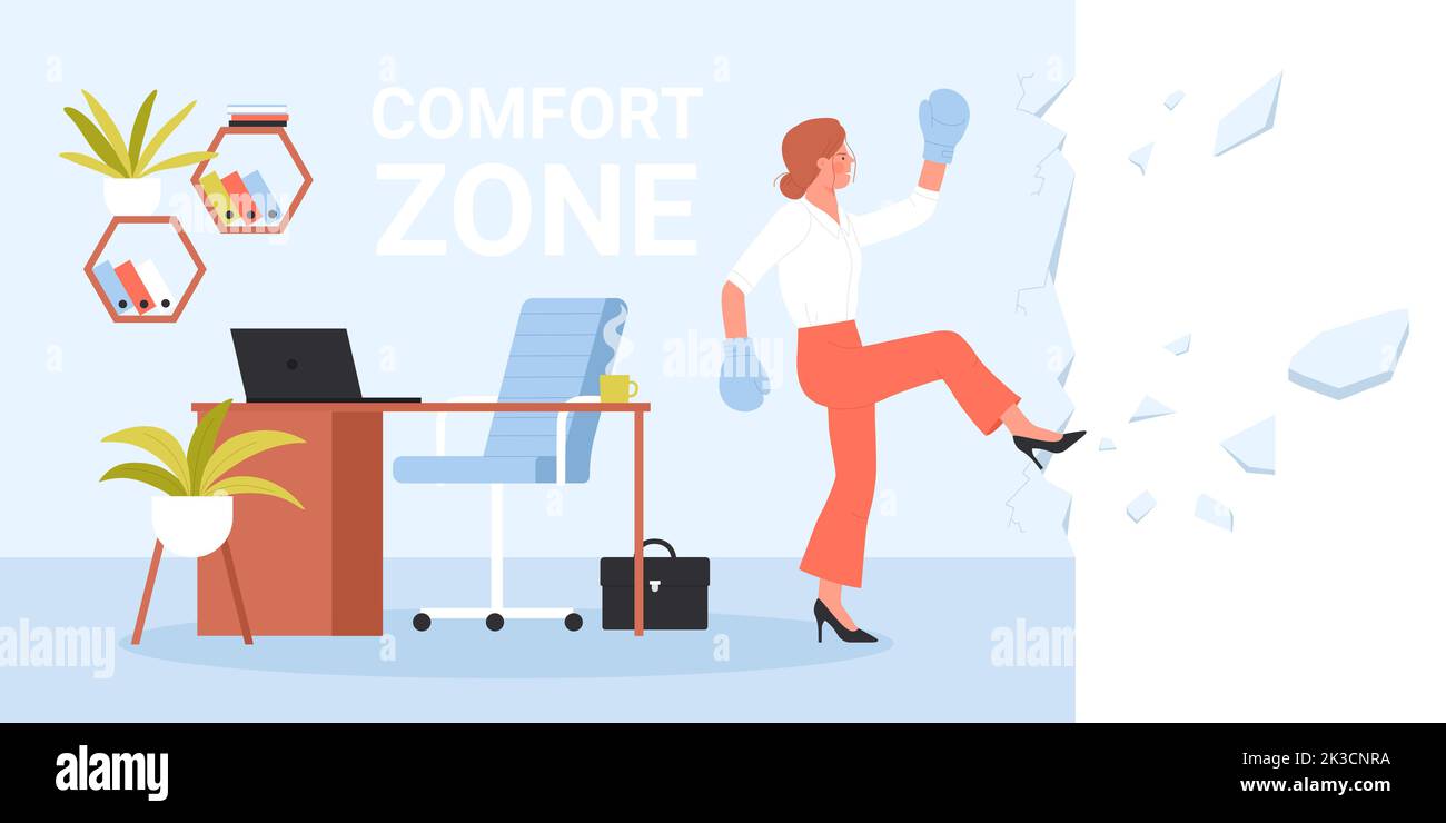 Leaving comfort zone vector illustration. Cartoon businesswoman in boxing gloves breaking office wall to change life and overcome fear, outside step of female employee to freedom and success Stock Vector