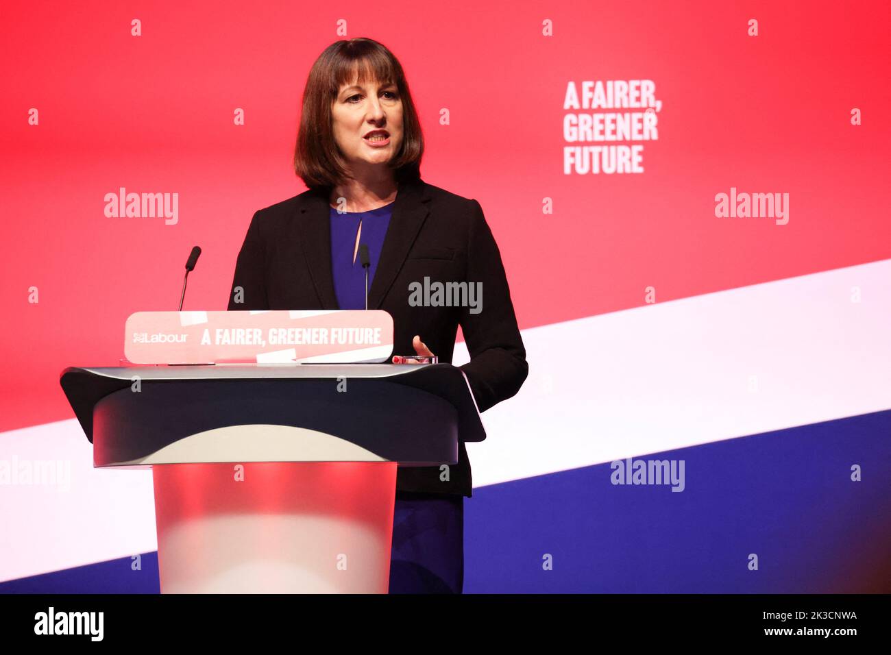 Britain's Shadow Chancellor of the Exchequer Rachel Reeves speaks at Britain's Labour Party's annual conference in Liverpool, Britain, September 26, 2022. REUTERS/Phil Noble Stock Photo