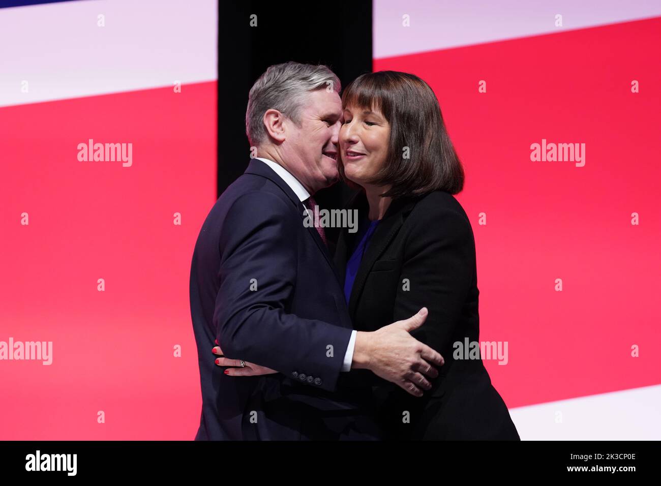 Party leader Sir Keir Starmer with shadow chancellor Rachel Reeves at the end of her keynote speech during the Labour Party Conference at the ACC Liverpool. Picture date: Monday September 26, 2022. Stock Photo
