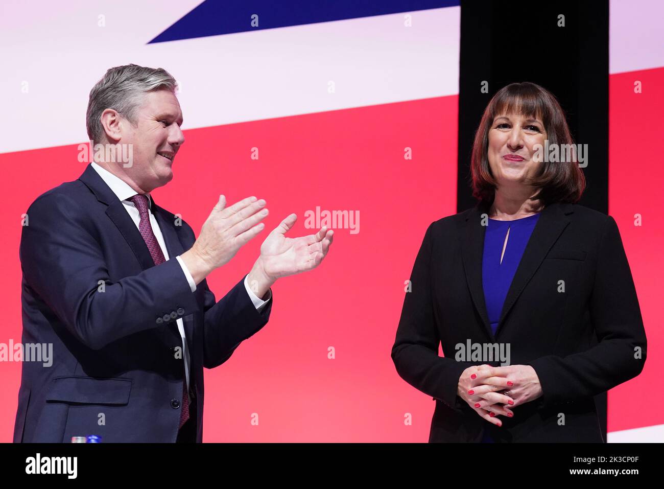 Party leader Sir Keir Starmer with shadow chancellor Rachel Reeves at the end of her keynote speech during the Labour Party Conference at the ACC Liverpool. Picture date: Monday September 26, 2022. Stock Photo