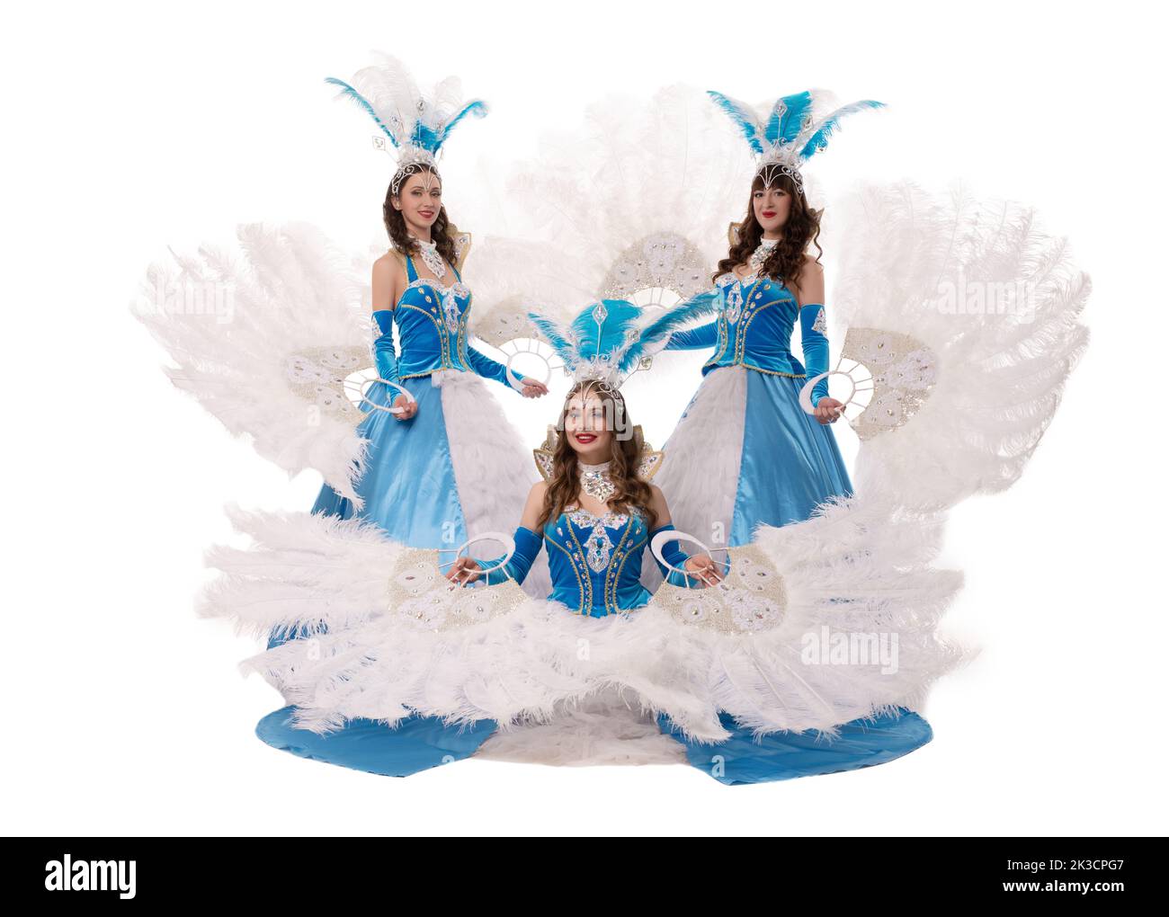 Pretty ballete trio woman in dance dresses with feather fans Stock Photo