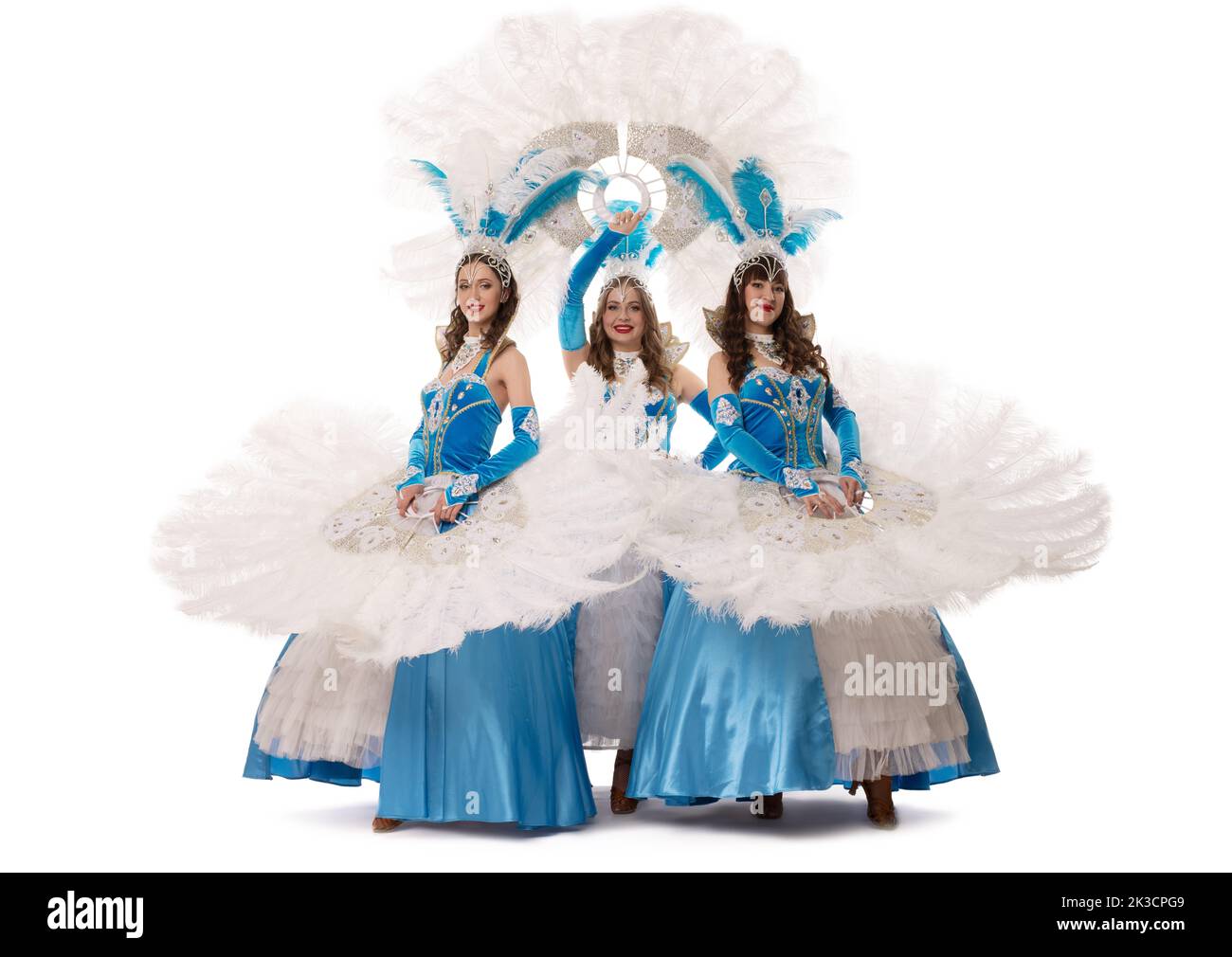Woman in dance dresses with feather fans Stock Photo