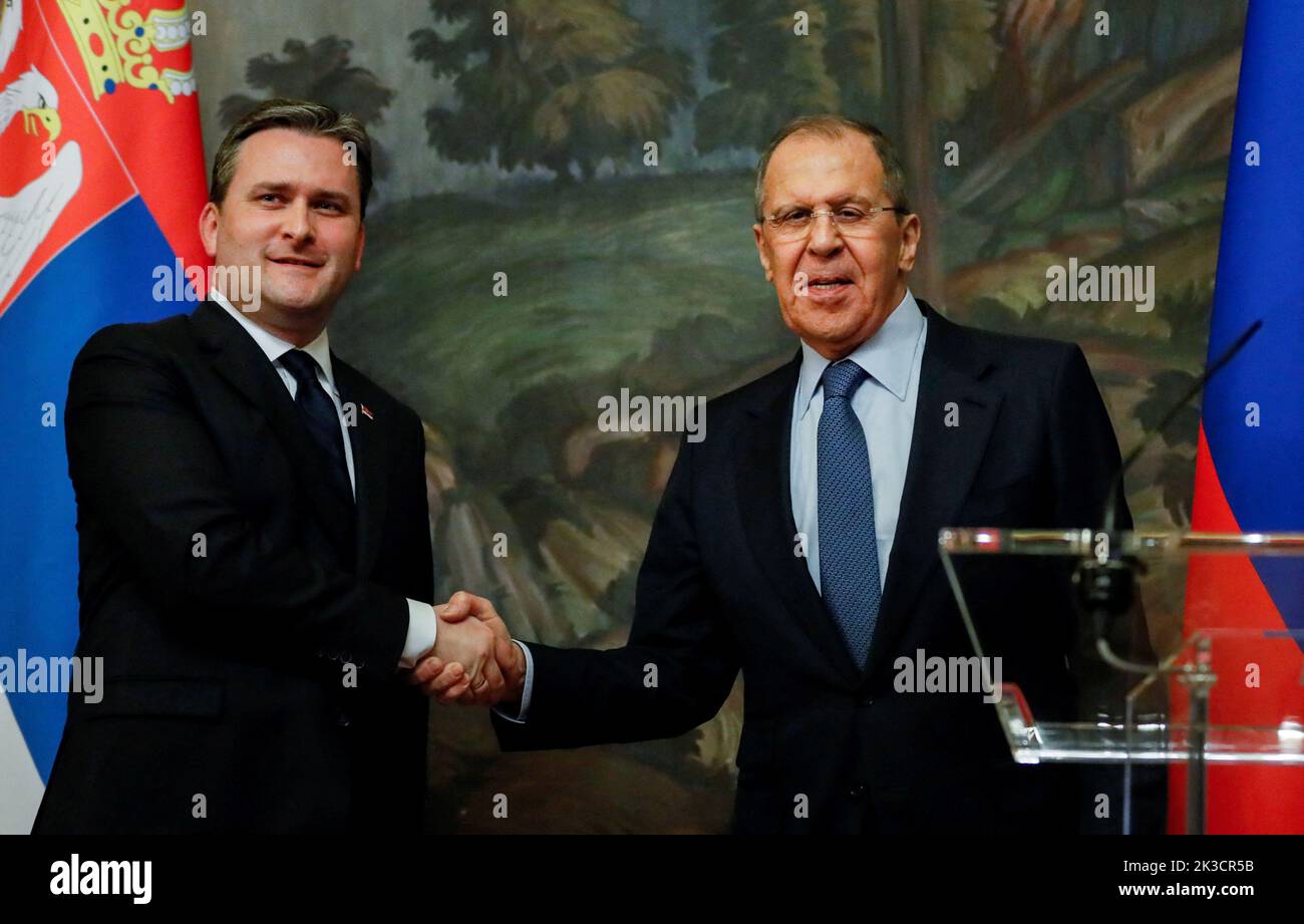 Russian Foreign Minister Sergei Lavrov shakes hands with Serbian Foreign Minister Nikola Selakovic during a news conference following their meeting in Moscow, Russia April 16, 2021. Yuri Kochetkov/Pool via REUTERS Stock Photo