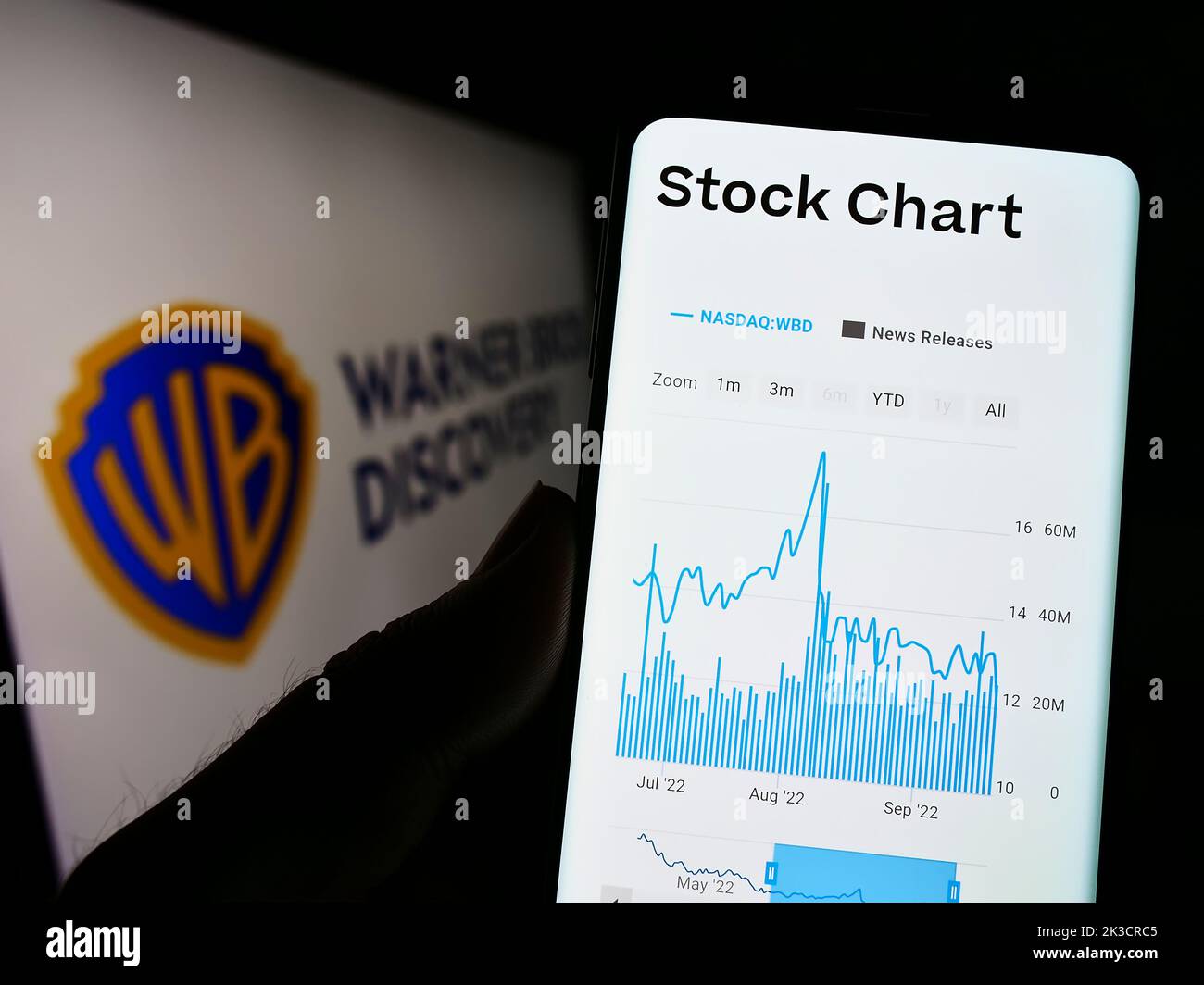 Person holding cellphone with webpage of media company Warner Bros. Discovery Inc. (WBD) on screen with logo. Focus on center of phone display. Stock Photo