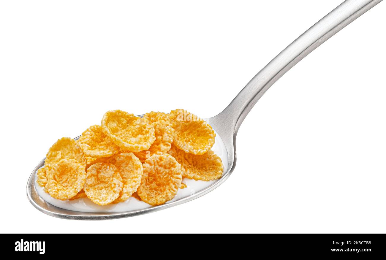 Corn flakes with milk in spoon isolated on white background Stock Photo